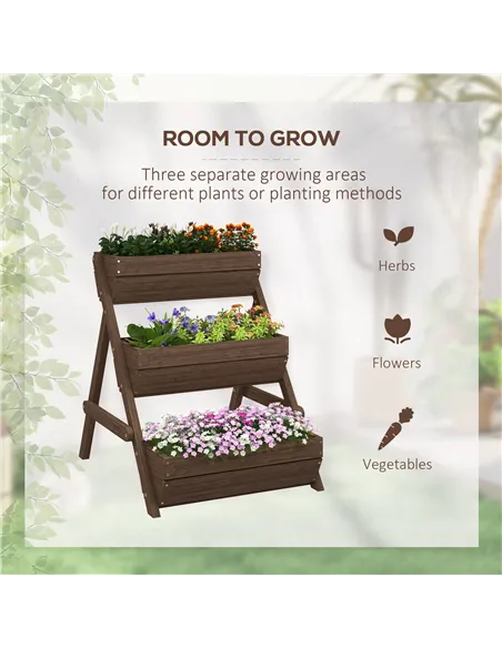 Outsunny 3 Tier Raised Garden Bed Wooden Elevated Planter Box Kit, 66L for Flower, Vegetable, Herb, 65x75x78cm, Tan
