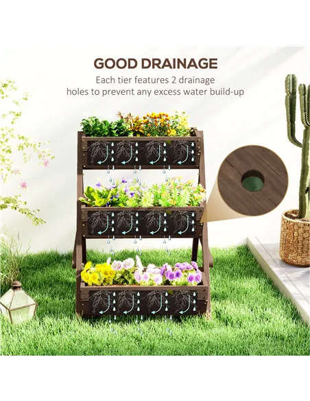 Outsunny 3 Tier Raised Garden Bed Wooden Elevated Planter Box Kit, 66L for Flower, Vegetable, Herb, 65x75x78cm, Tan