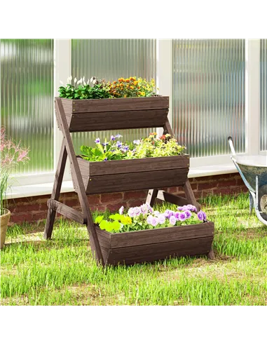 Outsunny 3 Tier Raised Garden Bed Wooden Elevated Planter Box Kit, 66L for Flower, Vegetable, Herb, 65x75x78cm, Tan