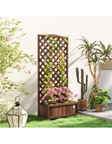 Outsunny 53L Garden Wooden Planter Box with Trellis Free Standing Flower Raised Bed with Lattice for Climbing Plants, 76cm x 36c