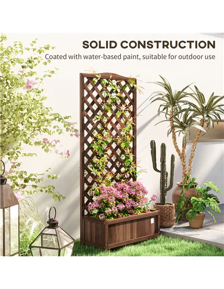 Outsunny 53L Garden Wooden Planter Box with Trellis Free Standing Flower Raised Bed with Lattice for Climbing Plants, 76cm x 36c