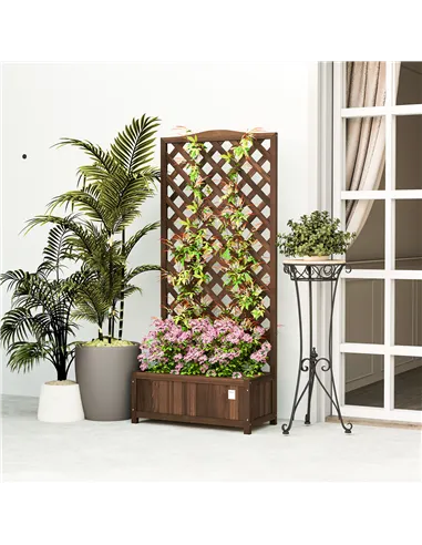 Outsunny 53L Garden Wooden Planter Box with Trellis Free Standing Flower Raised Bed with Lattice for Climbing Plants, 76cm x 36c