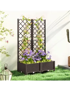 Outsunny Raised Garden Bed with Trellis, Plastic Planter Box with Drainage Holes, Drain Plugs and Water Reservoirs for Climbing  2