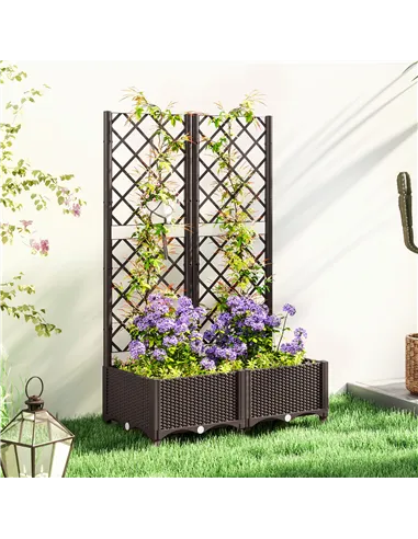 Outsunny Raised Garden Bed with Trellis, Plastic Planter Box with Drainage Holes, Drain Plugs and Water Reservoirs for Climbing 