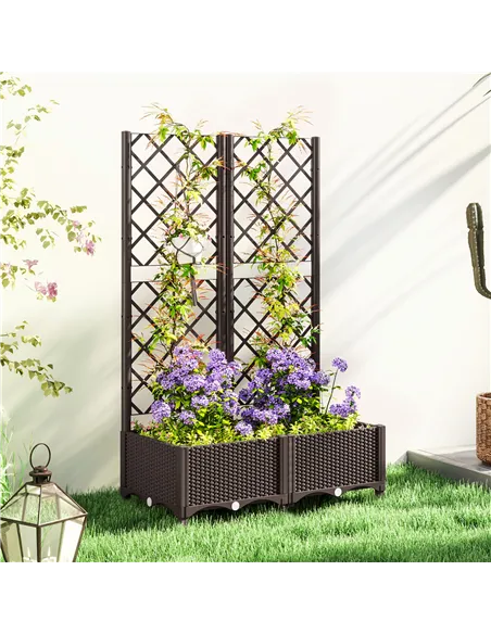 Outsunny Raised Garden Bed with Trellis, Plastic Planter Box with Drainage Holes, Drain Plugs and Water Reservoirs for Climbing 