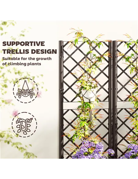 Outsunny Raised Garden Bed with Trellis, Plastic Planter Box with Drainage Holes, Drain Plugs and Water Reservoirs for Climbing 