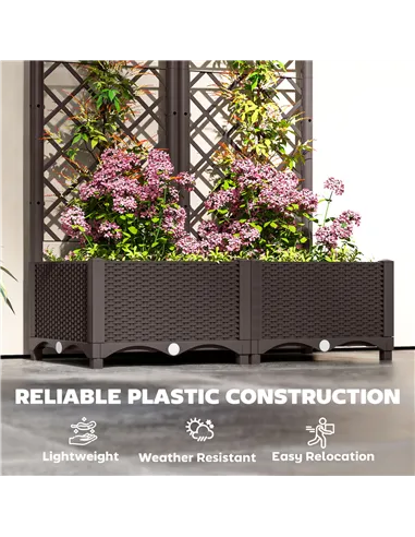 Outsunny Raised Garden Bed with Trellis, Plastic Planter Box with Drainage Holes, Drain Plugs and Water Reservoirs for Climbing 