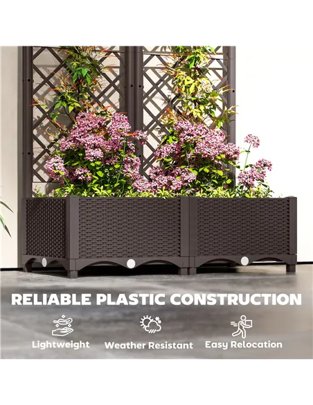 Outsunny Raised Garden Bed with Trellis, Plastic Planter Box with Drainage Holes, Drain Plugs and Water Reservoirs for Climbing 