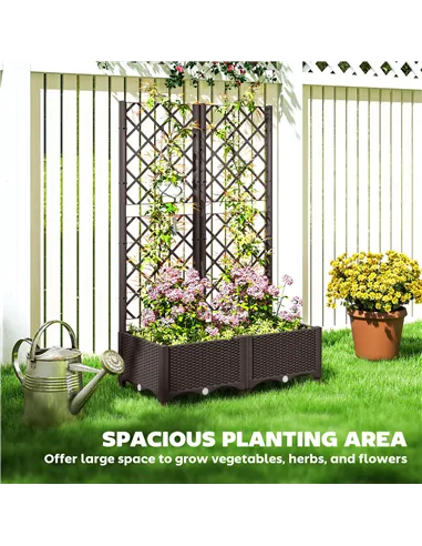 Outsunny Raised Garden Bed with Trellis, Plastic Planter Box with Drainage Holes, Drain Plugs and Water Reservoirs for Climbing 