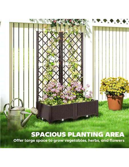 Outsunny Raised Garden Bed with Trellis, Plastic Planter Box with Drainage Holes, Drain Plugs and Water Reservoirs for Climbing 