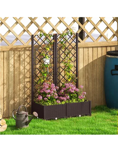 Outsunny Raised Garden Bed with Trellis, Plastic Planter Box with Drainage Holes, Drain Plugs and Water Reservoirs for Climbing 