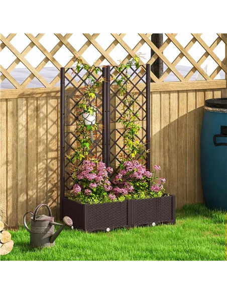Outsunny Raised Garden Bed with Trellis, Plastic Planter Box with Drainage Holes, Drain Plugs and Water Reservoirs for Climbing 