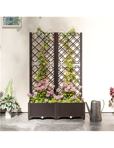 Outsunny Raised Garden Bed with Trellis, Plastic Planter Box with Drainage Holes, Drain Plugs and Water Reservoirs for Climbing 