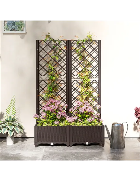 Outsunny Raised Garden Bed with Trellis, Plastic Planter Box with Drainage Holes, Drain Plugs and Water Reservoirs for Climbing 