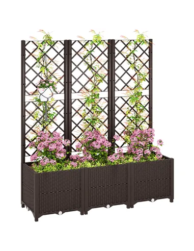 Outsunny Raised Garden Bed with Trellis, Plastic Planter Box with Drainage Holes, Drain Plugs and Water Reservoirs for Climbing 