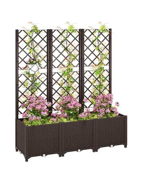 Outsunny Raised Garden Bed with Trellis, Plastic Planter Box with Drainage Holes, Drain Plugs and Water Reservoirs for Climbing 