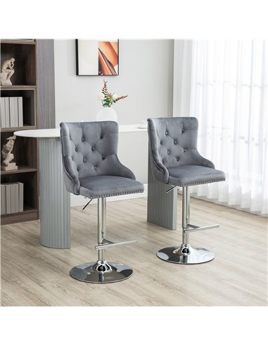 HOMCOM Bar Stools Set of 2, Modern Swivel & Adjustable Velvet Barstools with Button Tufted Back, Footrest, Nailhead Trim for Hom