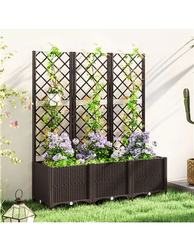 Outsunny Raised Garden Bed with Trellis, Plastic Planter Box with Drainage Holes, Drain Plugs and Water Reservoirs for Climbing 