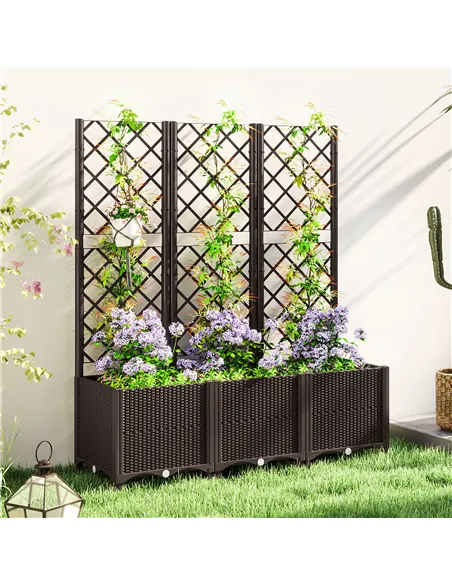 Outsunny Raised Garden Bed with Trellis, Plastic Planter Box with Drainage Holes, Drain Plugs and Water Reservoirs for Climbing 