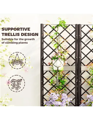 Outsunny Raised Garden Bed with Trellis, Plastic Planter Box with Drainage Holes, Drain Plugs and Water Reservoirs for Climbing 