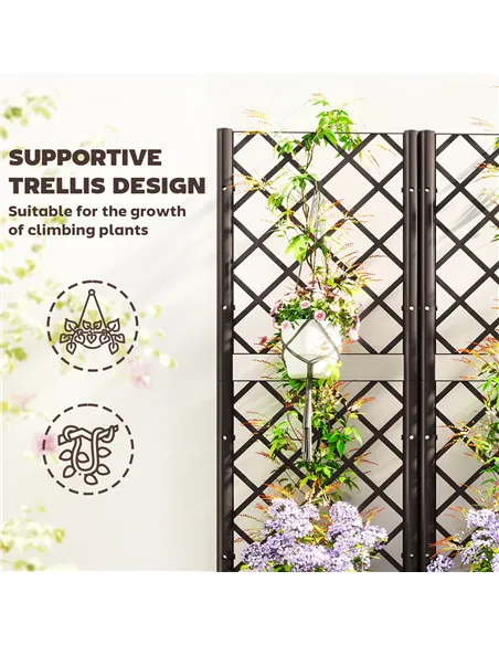 Outsunny Raised Garden Bed with Trellis, Plastic Planter Box with Drainage Holes, Drain Plugs and Water Reservoirs for Climbing 