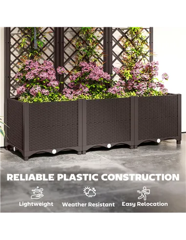 Outsunny Raised Garden Bed with Trellis, Plastic Planter Box with Drainage Holes, Drain Plugs and Water Reservoirs for Climbing 