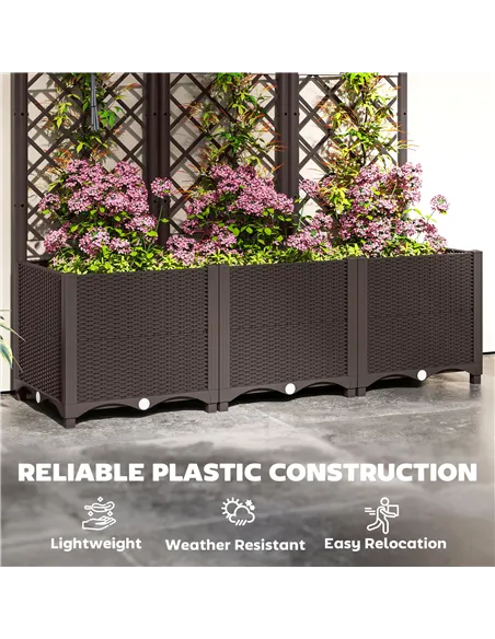 Outsunny Raised Garden Bed with Trellis, Plastic Planter Box with Drainage Holes, Drain Plugs and Water Reservoirs for Climbing 