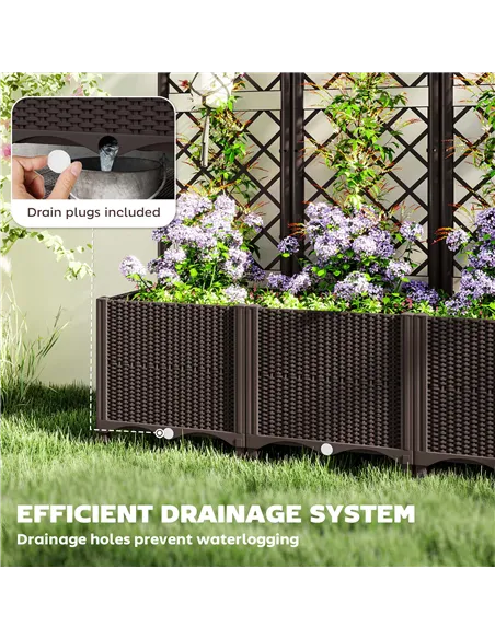Outsunny Raised Garden Bed with Trellis, Plastic Planter Box with Drainage Holes, Drain Plugs and Water Reservoirs for Climbing 