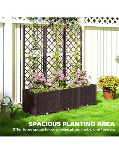 Outsunny Raised Garden Bed with Trellis, Plastic Planter Box with Drainage Holes, Drain Plugs and Water Reservoirs for Climbing 