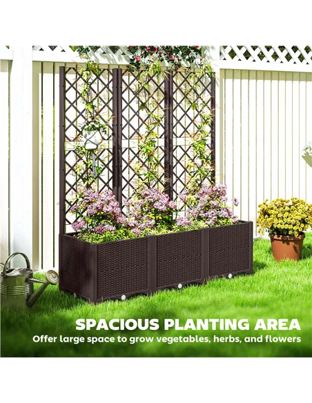 Outsunny Raised Garden Bed with Trellis, Plastic Planter Box with Drainage Holes, Drain Plugs and Water Reservoirs for Climbing 