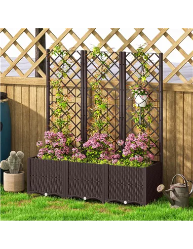 Outsunny Raised Garden Bed with Trellis, Plastic Planter Box with Drainage Holes, Drain Plugs and Water Reservoirs for Climbing 