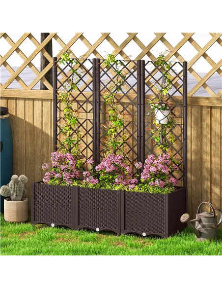 Outsunny Raised Garden Bed with Trellis, Plastic Planter Box with Drainage Holes, Drain Plugs and Water Reservoirs for Climbing 