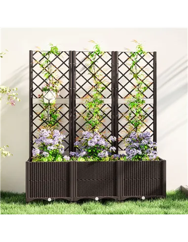 Outsunny Raised Garden Bed with Trellis, Plastic Planter Box with Drainage Holes, Drain Plugs and Water Reservoirs for Climbing 