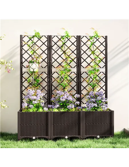 Outsunny Raised Garden Bed with Trellis, Plastic Planter Box with Drainage Holes, Drain Plugs and Water Reservoirs for Climbing 