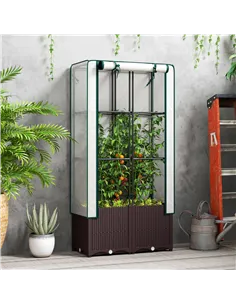 Outsunny Raised Garden Bed with Trellis, Plastic Planter Box with PE Cover, Drainage Holes, Drain Plugs and Water Reservoirs for 2