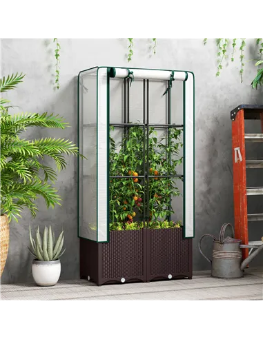 Outsunny Raised Garden Bed with Trellis, Plastic Planter Box with PE Cover, Drainage Holes, Drain Plugs and Water Reservoirs for