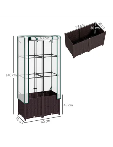 Outsunny Raised Garden Bed with Trellis, Plastic Planter Box with PE Cover, Drainage Holes, Drain Plugs and Water Reservoirs for