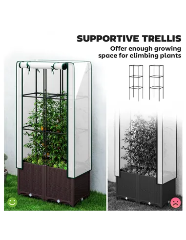 Outsunny Raised Garden Bed with Trellis, Plastic Planter Box with PE Cover, Drainage Holes, Drain Plugs and Water Reservoirs for