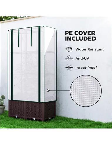 Outsunny Raised Garden Bed with Trellis, Plastic Planter Box with PE Cover, Drainage Holes, Drain Plugs and Water Reservoirs for