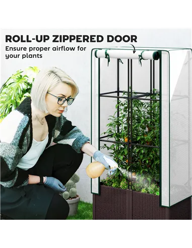 Outsunny Raised Garden Bed with Trellis, Plastic Planter Box with PE Cover, Drainage Holes, Drain Plugs and Water Reservoirs for