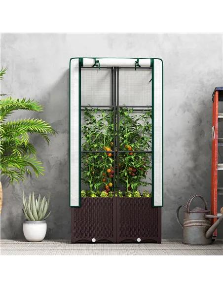 Outsunny Raised Garden Bed with Trellis, Plastic Planter Box with PE Cover, Drainage Holes, Drain Plugs and Water Reservoirs for