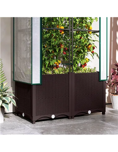 Outsunny Raised Garden Bed with Trellis, Plastic Planter Box with PE Cover, Drainage Holes, Drain Plugs and Water Reservoirs for