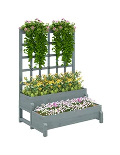 Outsunny 2-Tier Raised Garden Bed with Trellis, Wooden Elevated Planter Box with Drainage Holes, Outdoor Raised Planter for Clim
