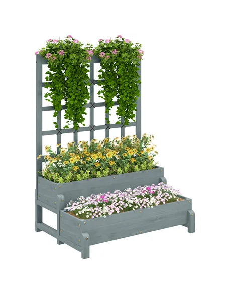 Outsunny 2-Tier Raised Garden Bed with Trellis, Wooden Elevated Planter Box with Drainage Holes, Outdoor Raised Planter for Clim