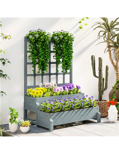 Outsunny 2-Tier Raised Garden Bed with Trellis, Wooden Elevated Planter Box with Drainage Holes, Outdoor Raised Planter for Clim