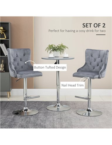 HOMCOM Bar Stools Set of 2, Modern Swivel & Adjustable Velvet Barstools with Button Tufted Back, Footrest, Nailhead Trim for Hom