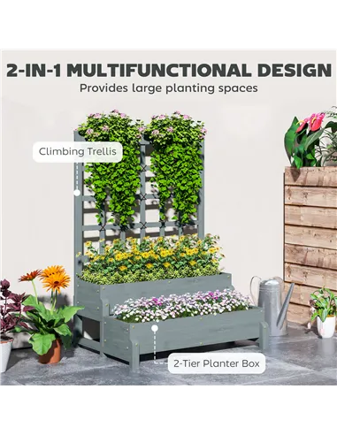 Outsunny 2-Tier Raised Garden Bed with Trellis, Wooden Elevated Planter Box with Drainage Holes, Outdoor Raised Planter for Clim