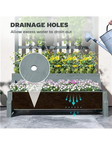 Outsunny 2-Tier Raised Garden Bed with Trellis, Wooden Elevated Planter Box with Drainage Holes, Outdoor Raised Planter for Clim