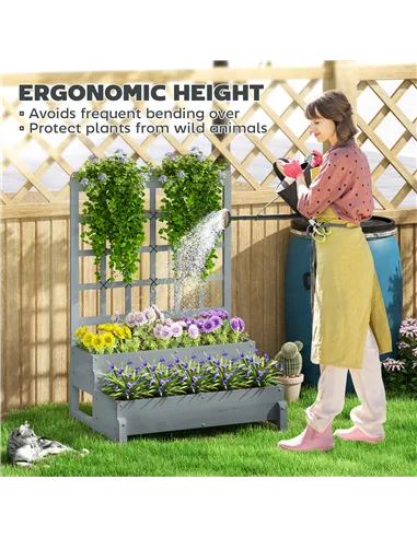 Outsunny 2-Tier Raised Garden Bed with Trellis, Wooden Elevated Planter Box with Drainage Holes, Outdoor Raised Planter for Clim