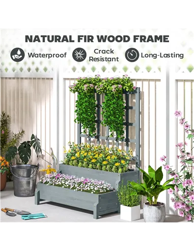 Outsunny 2-Tier Raised Garden Bed with Trellis, Wooden Elevated Planter Box with Drainage Holes, Outdoor Raised Planter for Clim